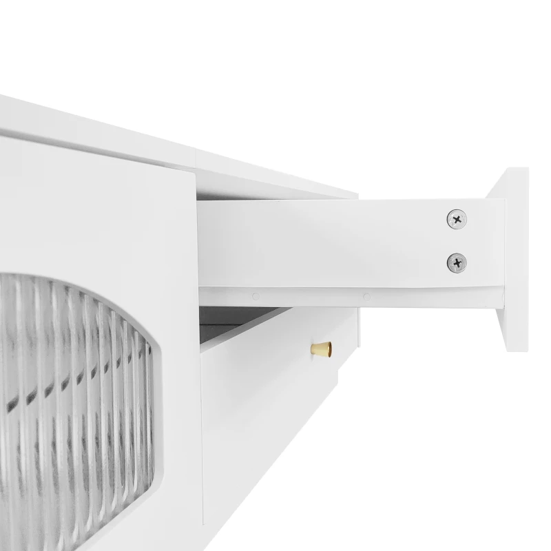 Meuble TV avec 4 tiroirs et 2 portes vitrées, système passe-câbles, peut accueillir des téléviseurs jusqu'à 90", 220x40x33 cm, style scandinave, Blanc