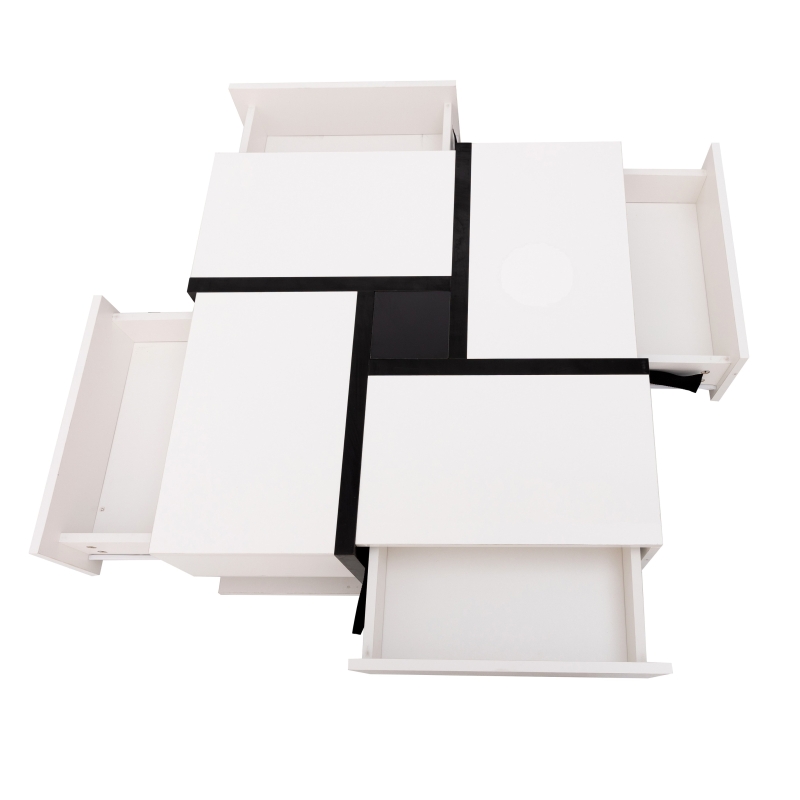 Couchtisch 78x78 Hochglanz mit künstlerischem Design, 4 Schubladen und zusätzlichem Stauraum Weiß und Schwarz