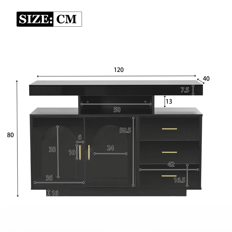 Buffet moderne, meuble TV scandinave avec 3 tiroirs et 2 portes, structure en aggloméré brillant avec lumière LED en 16 couleurs, 120x40x80 cm, Noir