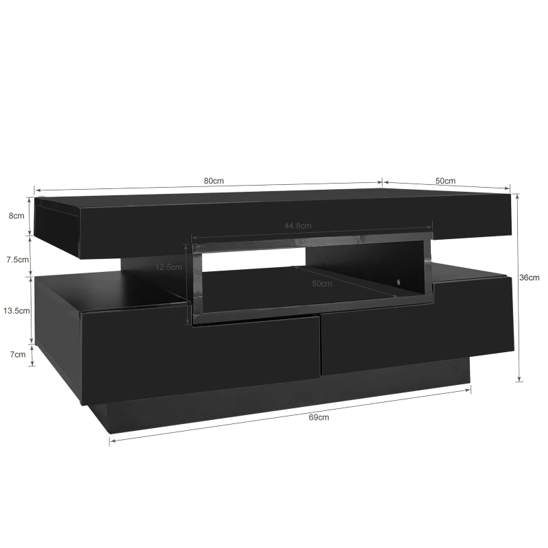 Couchtisch schwarz, LED-Lichtleiste, 4 Schubladen, 80x50 cm, moderner Wohnzimmerschmuck, Schwarz