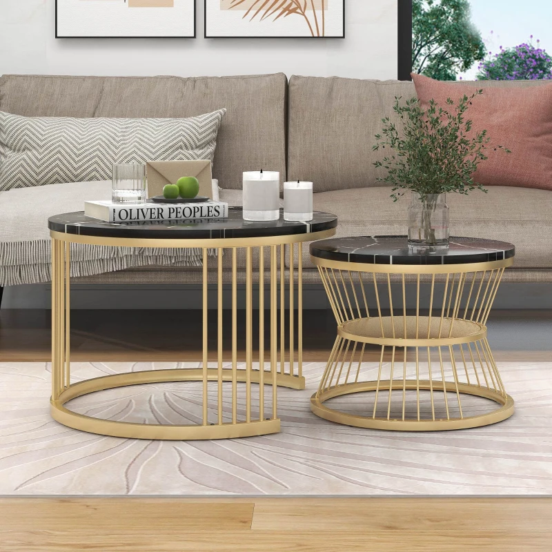 Ensemble de 2 Tables Basses Modernes Gigognes en MDF avec Finition Effet Marbre et Structure Métallique Dorée, 70x70x47 cm + 45x45x40 cm, Noir