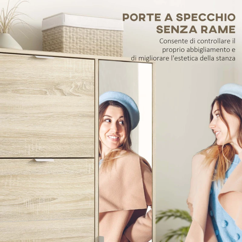 HOMCOM Scarpiera con Specchio per 16 Paia di Scarpe, 4 Cassetti a Ribalta e 2 Armadietti, 82x30x168cm, Rovere(m-4)