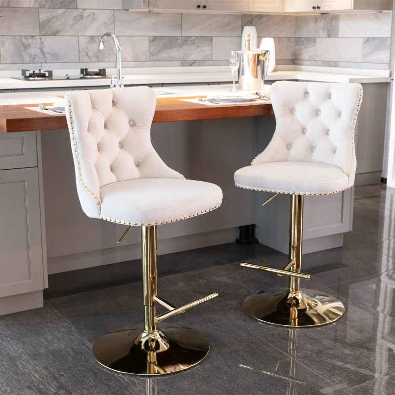 Set of 2 Adjustable Velvet Bar Stools with Backrest, Gold Electroplated Legs, 360° Rotatable, 62-82 cm Height, 45x45 cm Base, Up to 136 kg Load, Beige