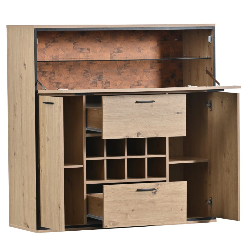 Anrichte Weinschrank 110x38x111 cm mit Glasregal und LED-Beleuchtung, Stilvolle Aufbewahrung für Party und Familienzusammenkünfte in Holzfarbe und Schwarz