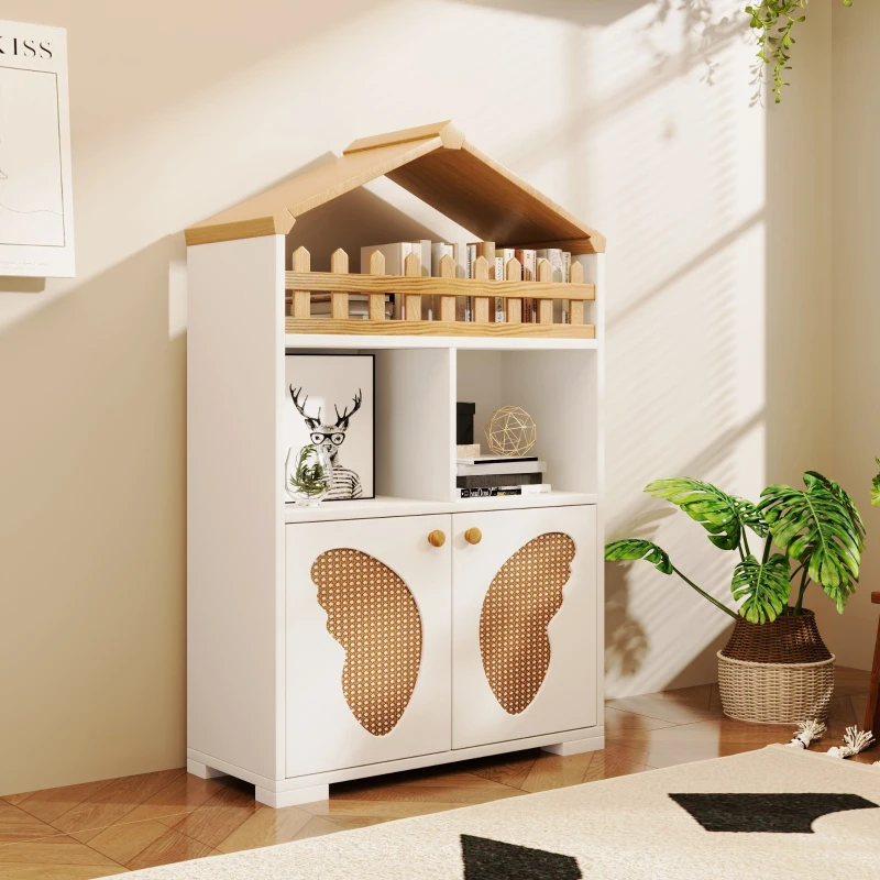 Multifunktionaler Beistellschrank und Bücherregal mit Schmetterlingstüren für Wohnzimmer und Kinderzimmer, weiß