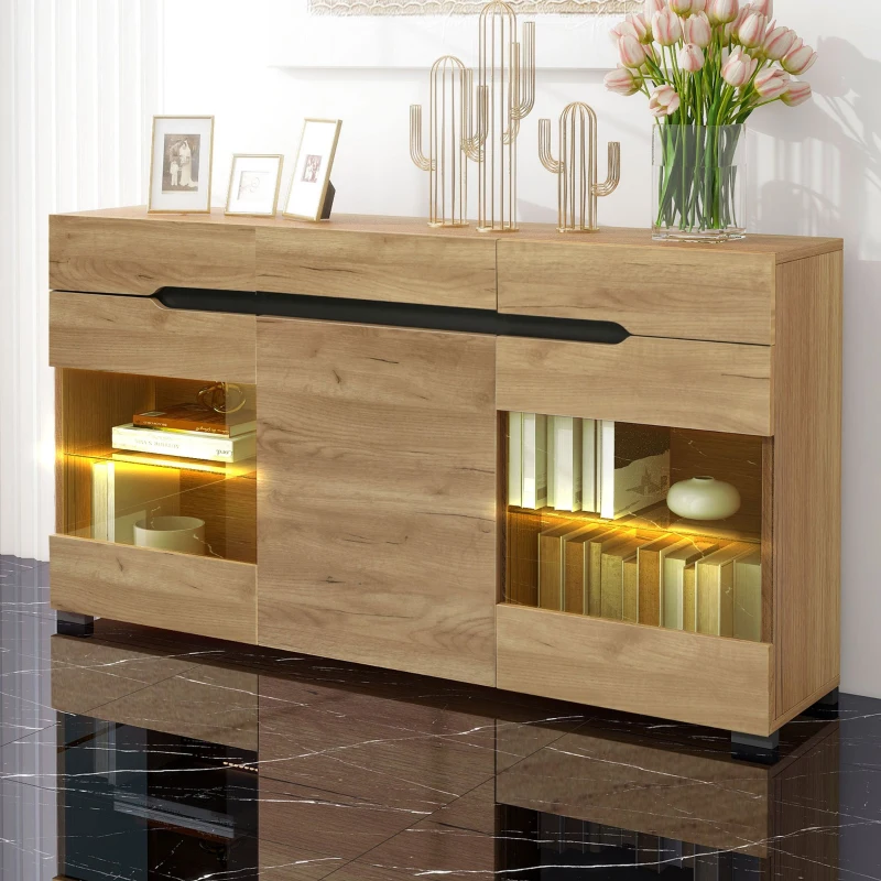 Buffet Moderne avec LED pour Salon et Cuisine, 3 Portes et 3 Tiroirs en Aggloméré, Capacité de Charge 50 kg, 140x35x80 cm, Chêne(m-5)