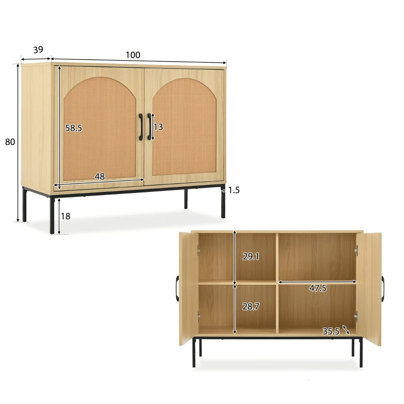 Rattan Aufbewahrungsschrank mit Metallgriffen und verstellbaren Regalböden, stilvoller Wohnzimmerschrank mit natürlichem Design und stabilen Metallbeinen, Helles Eichenholz