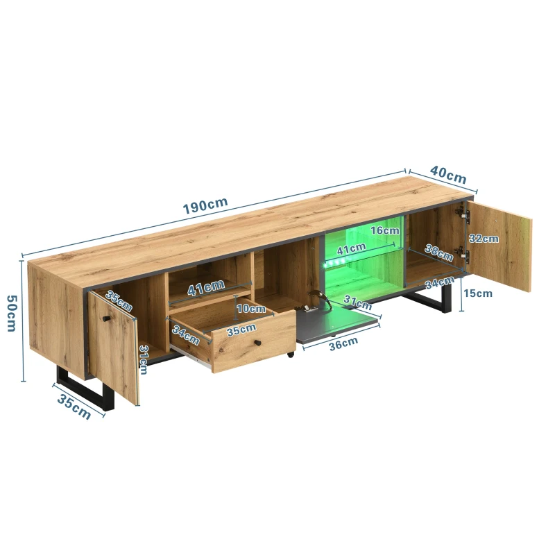 Meuble TV Bas pour Salon avec Effets Lumineux LED, Étagères en Verre et Charnières Amorties, 190x40x50 cm, Naturel