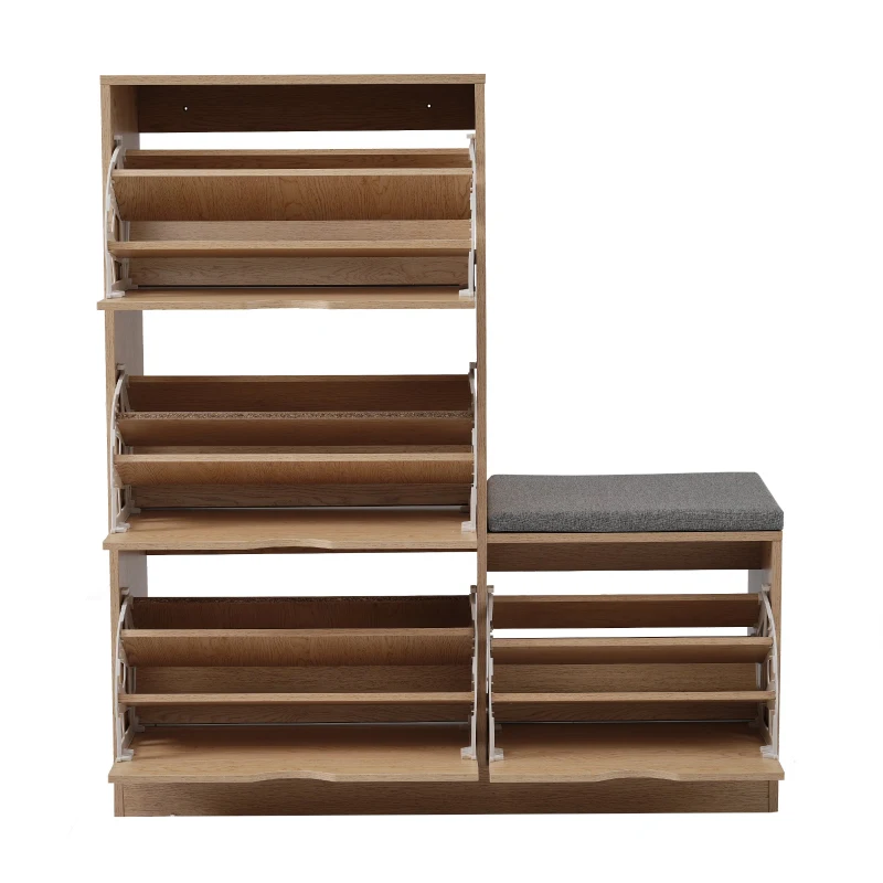 Schuhschrank mit 4 Klappen und Sitzbank, weiches Sitzkissen, grifflose Schuhkommode in Naturholzoptik, Natur