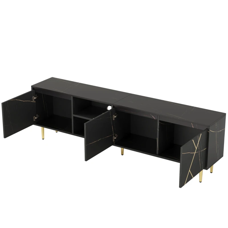 Grand Meuble TV Scandinave 200x35x60 cm pour TV jusqu'à 90 pouces avec 3 Portes et Design Moderne, Noir