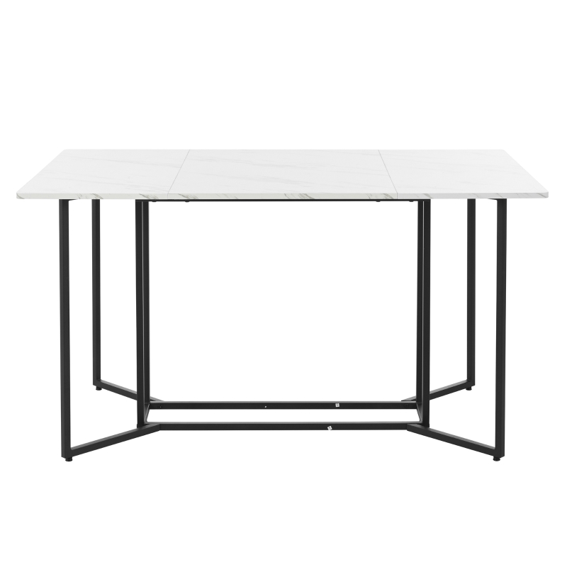 Modern Dining Room Table with Adjustable Metal Legs and Marble Pattern, Rectangular Extendable Table for Kitchen, 140x80x75 cm, White+Black