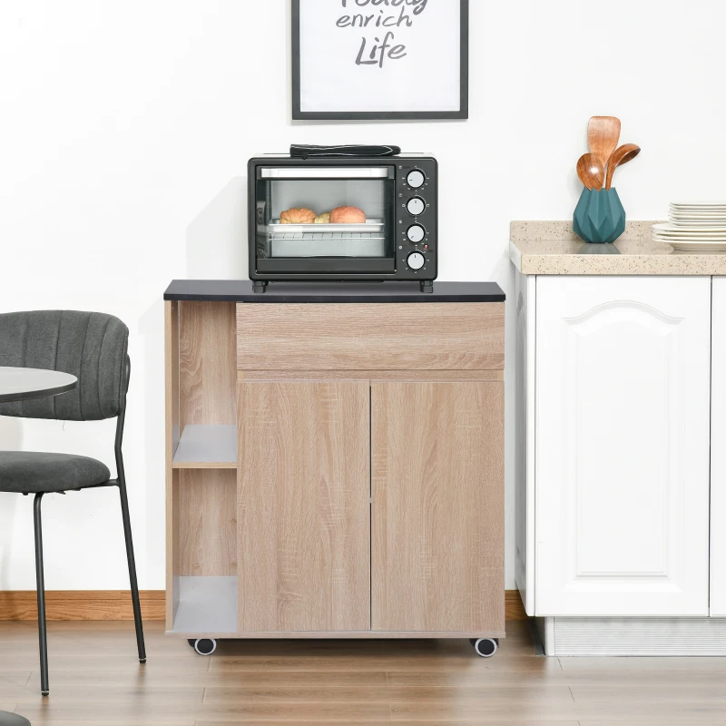 HOMCOM Kitchen Storage Trolley Cart Cupboard Rolling Island Shelves Cabinet With Door and Drawer Locking Wheels