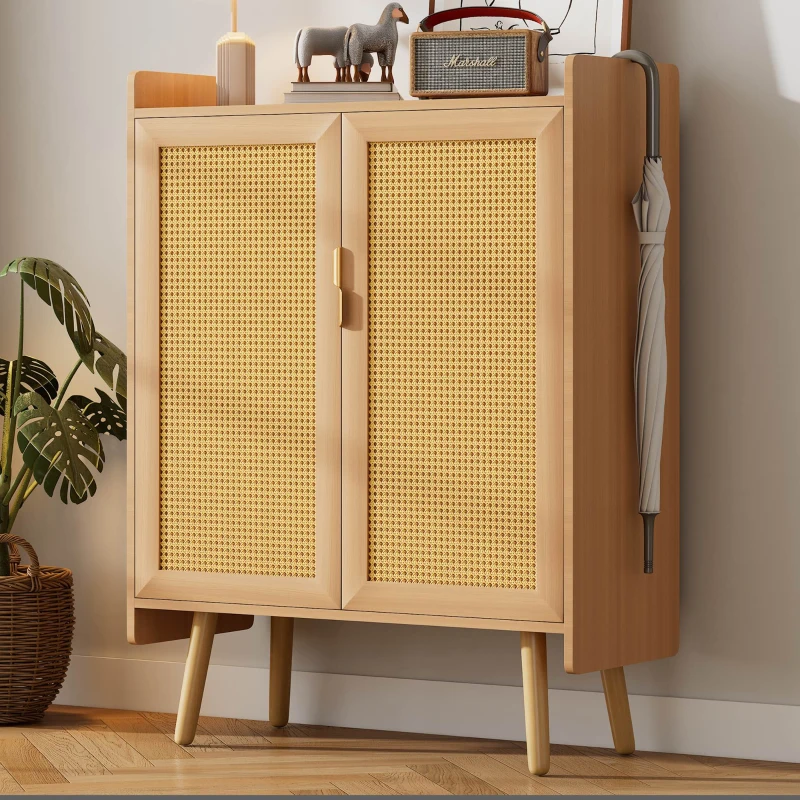 Sideboard Kommode mit Rattan-Türen, verstellbaren Regalböden und Massivholzfüßen - Schuhschrank mit Metallgriffen und Kippsicherung, Natur