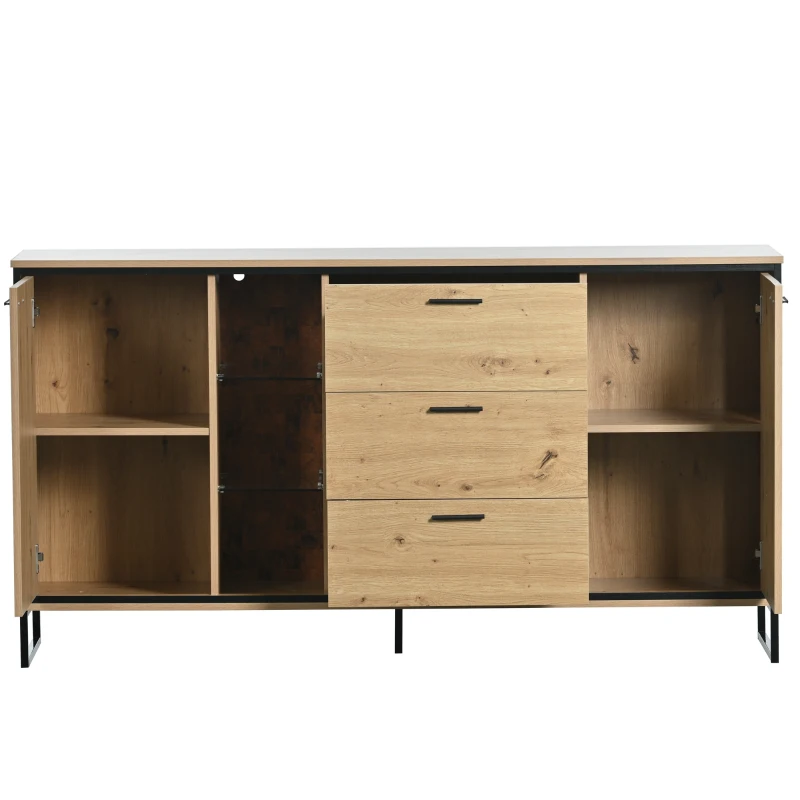 Sideboard 160 cm breit mit 3 Schubladen und 2 Türen, LED-Beleuchtung, großes Stauraum, Schwarz und Holzton
