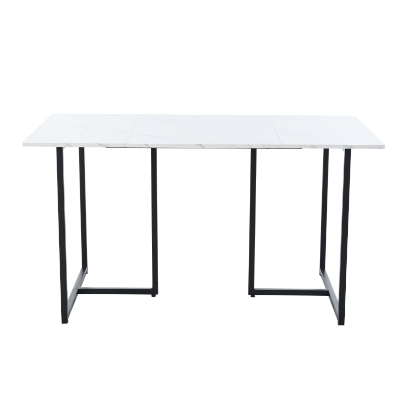 Modern Oblong Dining Room Table with L-Shaped Support Legs, Marble Top Extendable Table with Metal Frame, 140x80x75 cm, White+Black