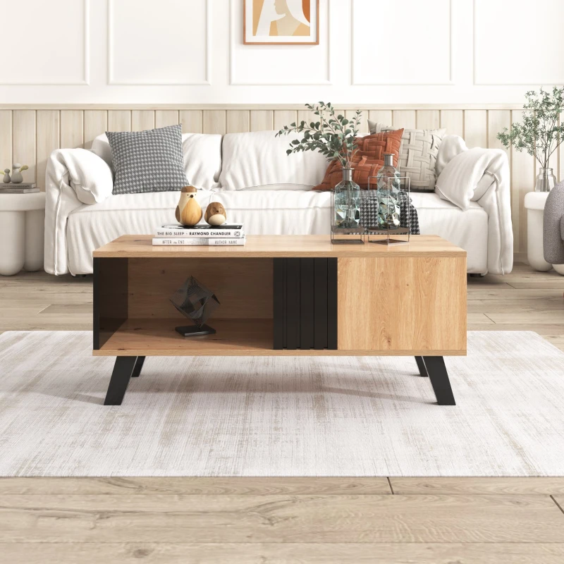 Eleganter Couchtisch mit Schubladen und vielseitigen Aufbewahrungsmöglichkeiten, Schwarz + Holz