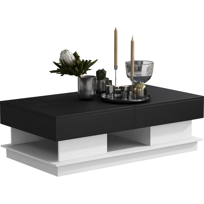 Table Basse de Salon Moderne Multifonctionnelle avec Plateau Relevable, Tiroirs Cachés et Étagère Extensible, 99x60x36 cm, Noir+Blanc