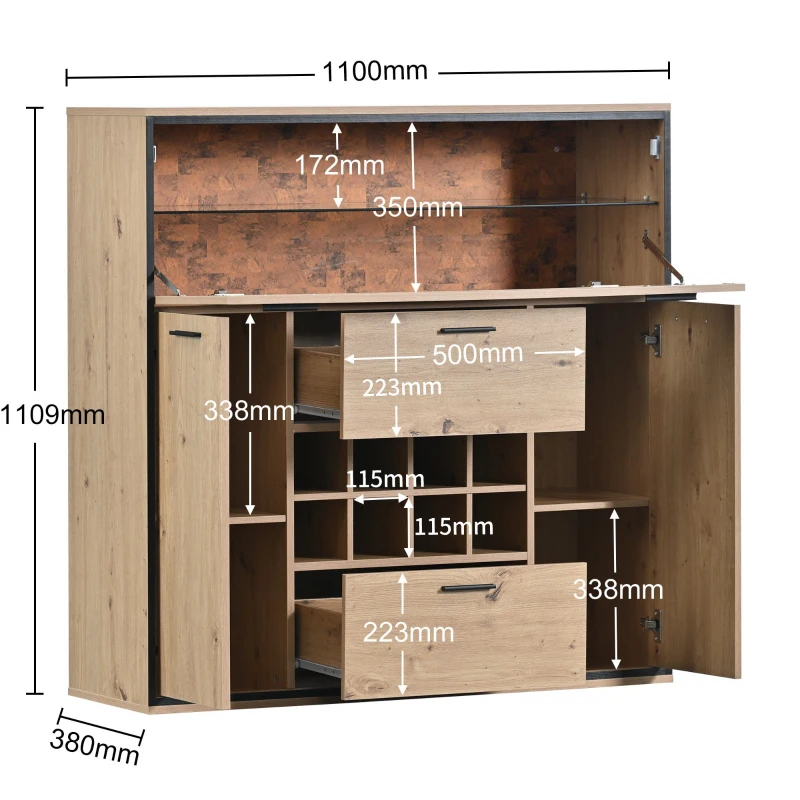 Anrichte Weinschrank 110x38x111 cm mit Glasregal und LED-Beleuchtung, Stilvolle Aufbewahrung für Party und Familienzusammenkünfte in Holzfarbe und Schwarz