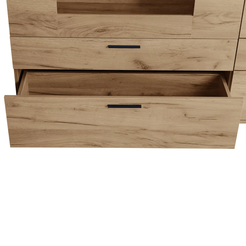 Buffet moderne avec porte vitrée et lumière LED, contrôlable via application, grand espace de rangement, 140x38x79,5 cm, Naturelle