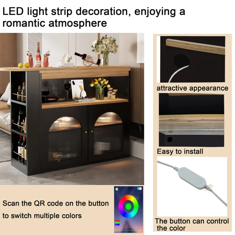 Modern Extendable Dining Table with Storage and LED Strip, Swivel Bar Bistro Table, 138-193x39x105 cm, Black