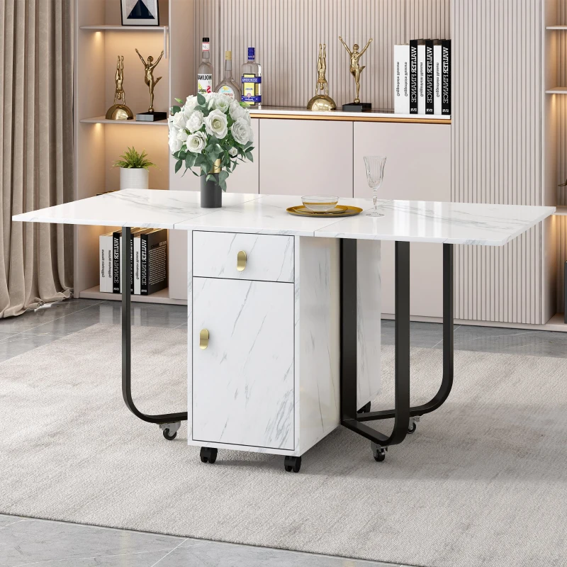 Folding Dinning Table with Goldplated Handles, 3 Extensive Modes for Learning&Dinning, Metal Frame - White/Black