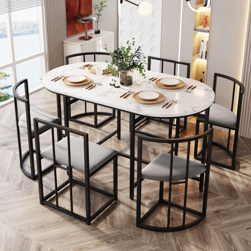 Modern Rattan 6 Seater Garden Dining Table Set with Backrest Chairs and Cushions, Black Iron Frame, 140x80x76 cm, Black
