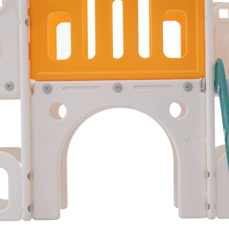 Toboggan pour enfants multifonctionnel 6 en 1 avec rampe, double plateforme, casiers, panier de basket et échelle，174x150x95 cm, Vert antique