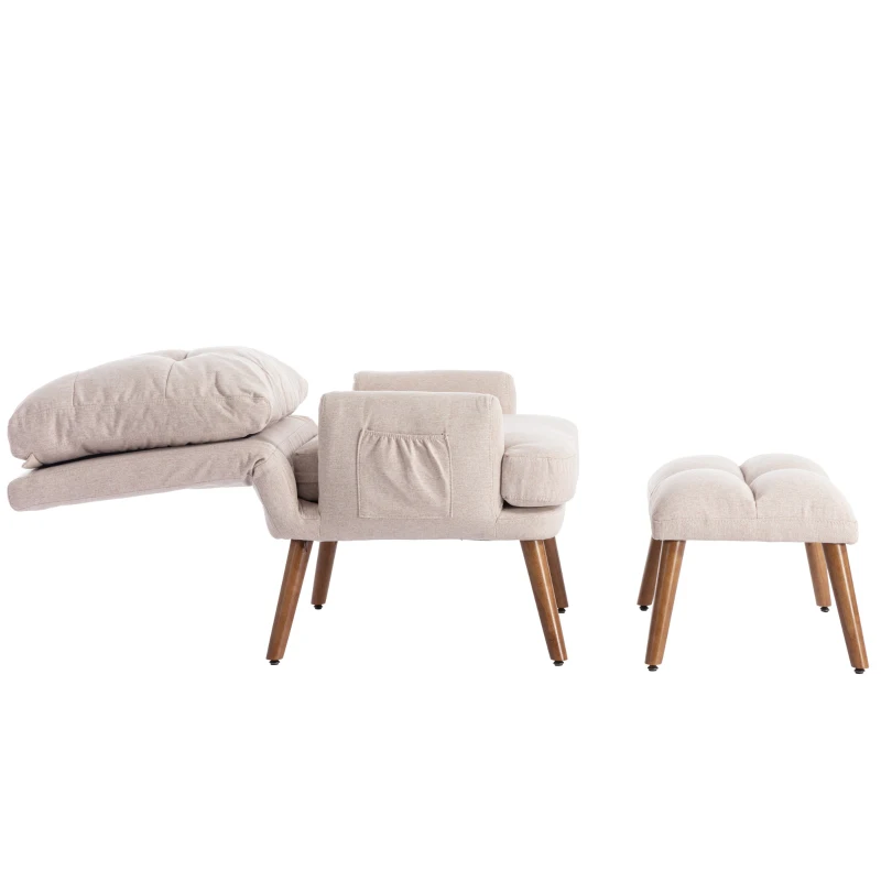 Lounge Sessel mit Hocker, verstellbare Rückenlehne, Seitentaschen, 65x60x96cm, Weiss
