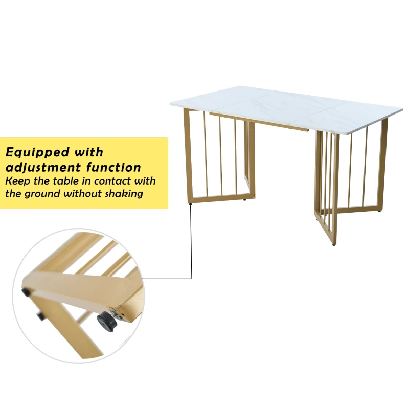 Modern Oblong Dining Room Tables with V-shaped Support Legs, Marble Top Extendable Table with Metal Frame, 140x80x75 cm, White+Gold