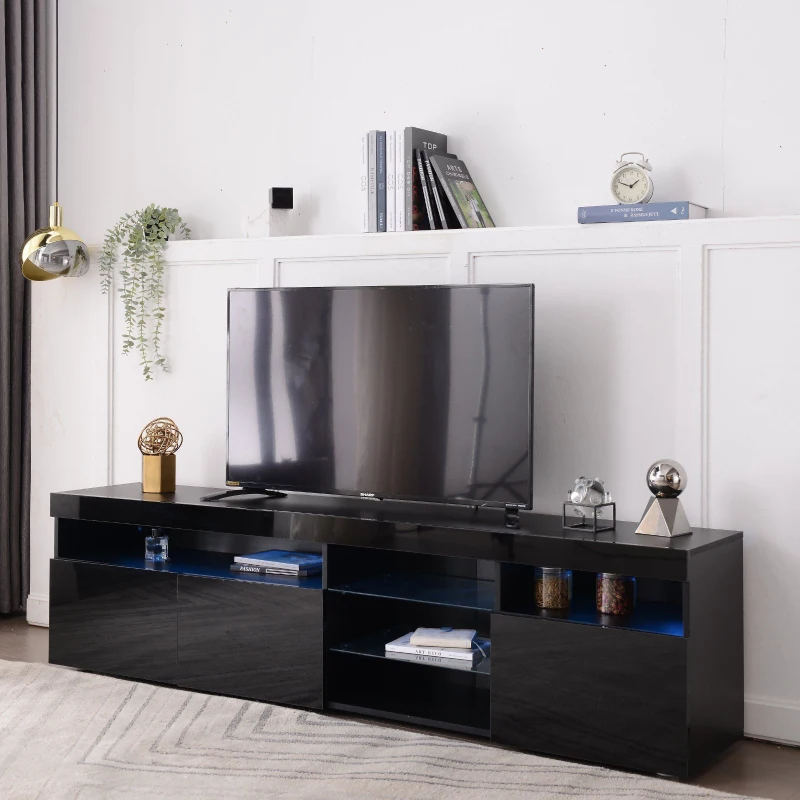 Moderner TV-Schrank mit LED-Beleuchtung, Hochglanz und Glaselementen, Schwarz