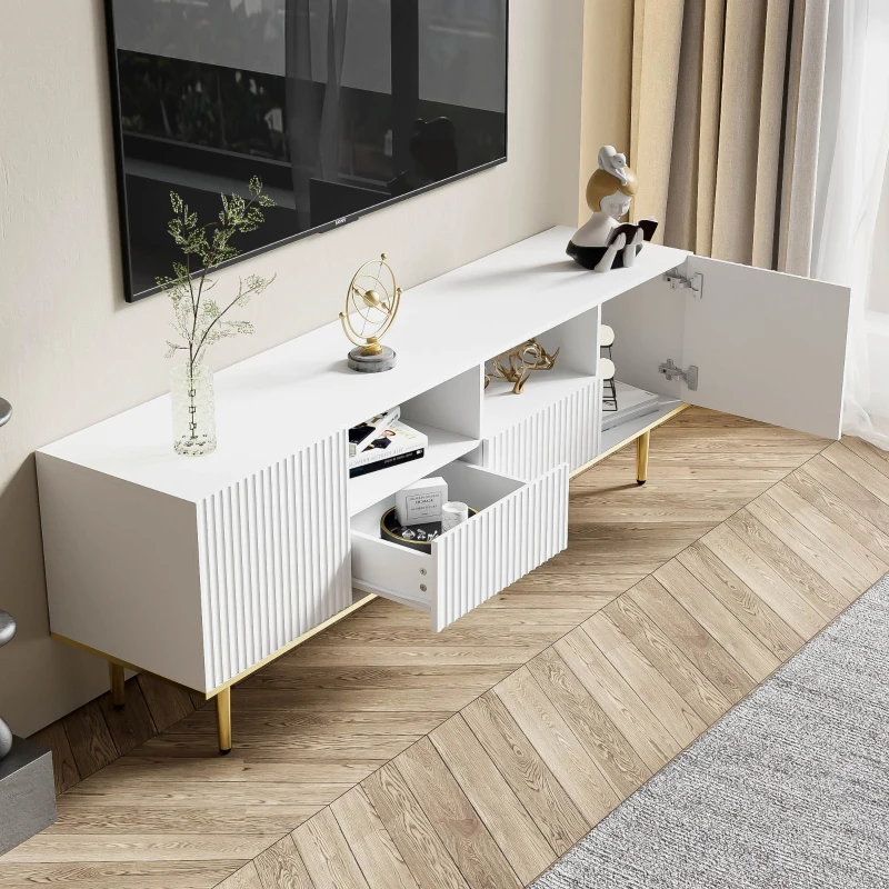 Modern Fernsehschrank 165 cm Weiss mit goldenen Verzierungen, TV-Schrank Weiss
