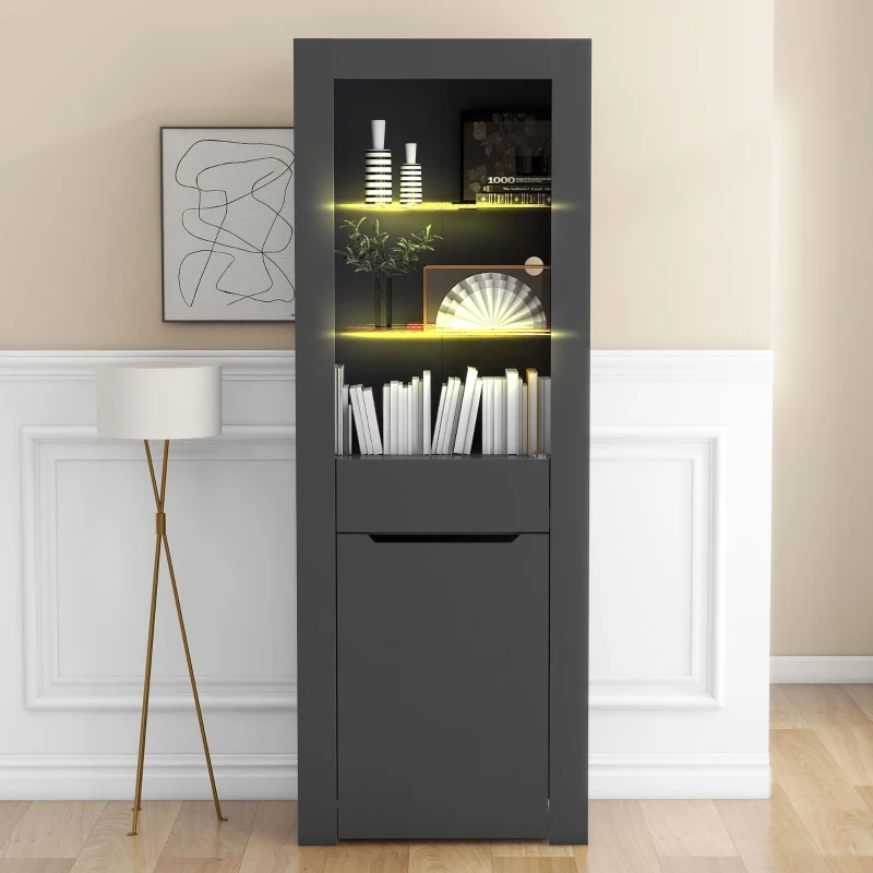 Vitrine moderne avec lumières LED et étagères spacieuses pour ranger livres et objets, en panneaux de particules écologiques, 60x35,5x165 cm, Gris