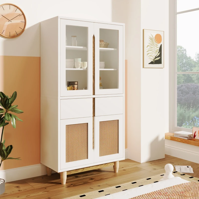 Wohnzimmer-Hochkommode mit Acrylglas-Türen und Rattanmuster, verstellbare Einlegeböden und Echtholzbeine, Natürliche farben