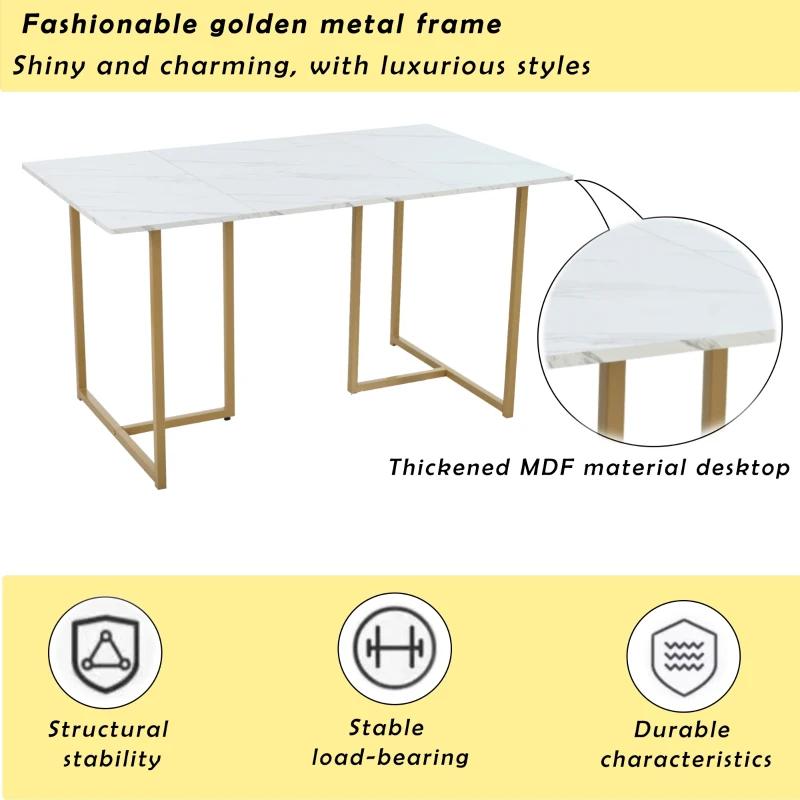 Modern Rectangular Extendable Dining Table with Adjustable L-shaped Support Legs, Marble Pattern Top, Table for Dining Room Living Room, 140x80x75 cm, White/Gold