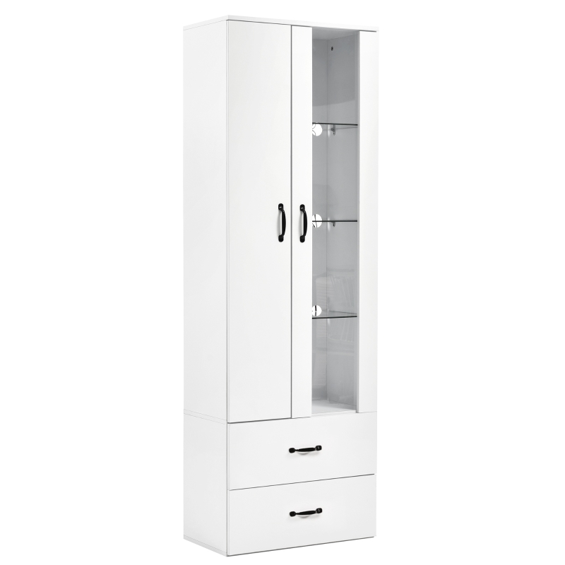 Vitrine lumineuse LED multifonctionnelle, 16 couleurs, avec 2 portes, 5 étagères en verre, interface USB, salon et bureau, 59,5x35x182 cm, Blanc