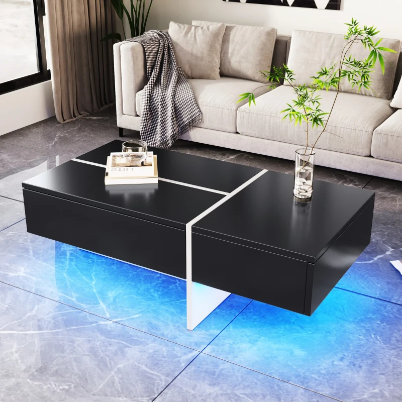 Hochglänzender Couchtisch mit App-gesteuertem LED-Beleuchtungssystem und drei Schubladen, schwarz-weiße Colorblock-Struktur, Schwarz