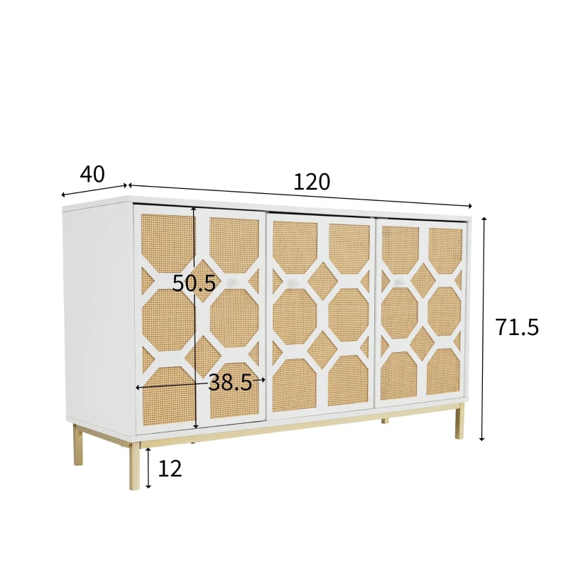 Dreitüriges Sideboard mit Rattantüren, verstellbaren Einlegeböden und vergoldeten Füßen für das Wohnzimmer, Weiß
