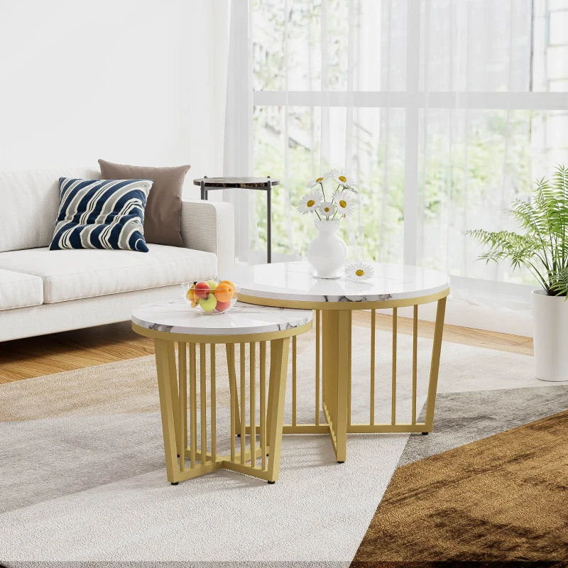 Moderner Couchtisch-Set in Hochglanz-Marmor-Optik mit vergoldeten Eisenbeinen, 2-teiliges Nesting-Design für Wohnzimmer und Balkon, weiß