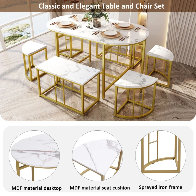 Modern Luxury Rattan 6 Seater Dining Table Set with Six Chairs, MDF Seat Cushions and Gold-Plated Iron Frames, Gold