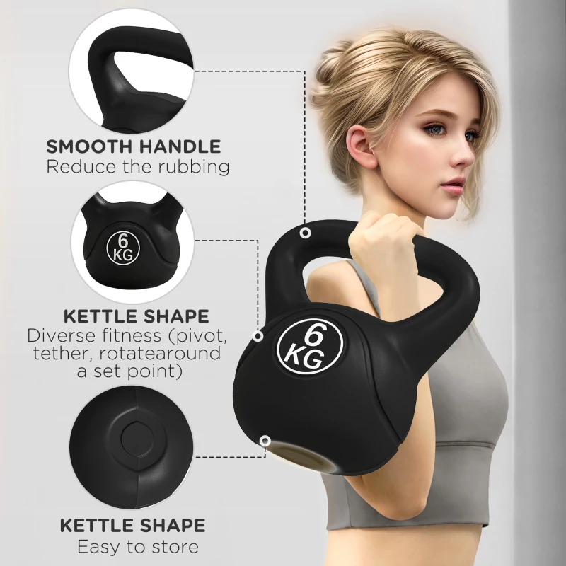HOMCOM Kettlebell de 6 kg pentru Sport și Fitness cu Bază Plată și Mâner, Greutate din Plastic, 20x13x22 cm, Negru