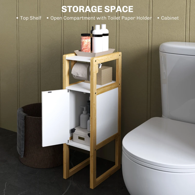 HOMCOM Mobilier de Baie cu Suport pentru Hârtie Igienică, Dulap și Raft, Dulap Compact din Bambus, 20x33x80 cm, Alb