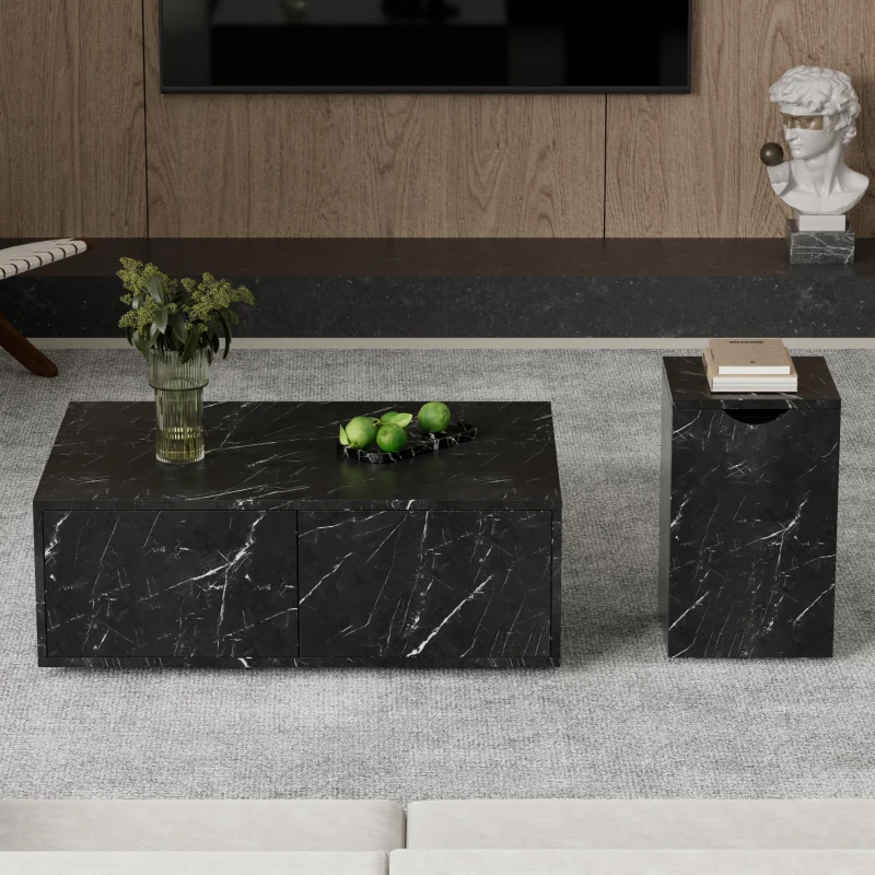 Table basse multifonctionnelle gigogne modulable en marbre, grande table avec tiroirs, petite table avec rangement, 100x33,5x70 cm + 32x32x50 cm, Noir