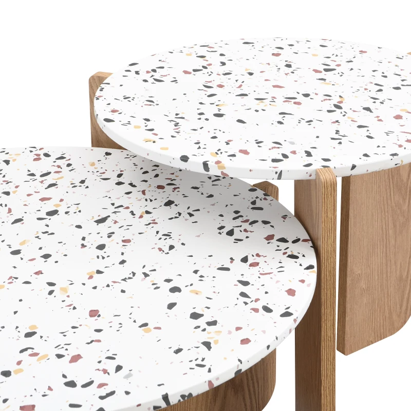 Moderner Couchtisch-Set, 2er-Set, ineinander verschachtelt, vielseitig einsetzbar, Weiß und Holzfarbe, Weiß und Holzfarbe