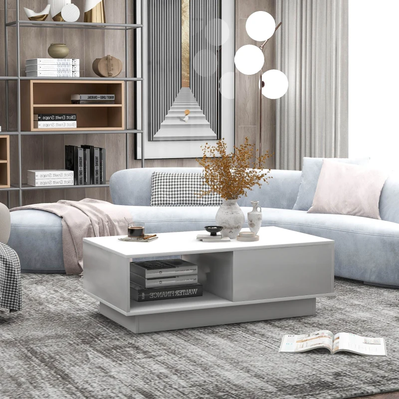 Table Basse Moderne avec Éclairage LED Multicolore à 15 Modes, en MDF et Panneaux de Particules, 95x55x32 cm, Blanc