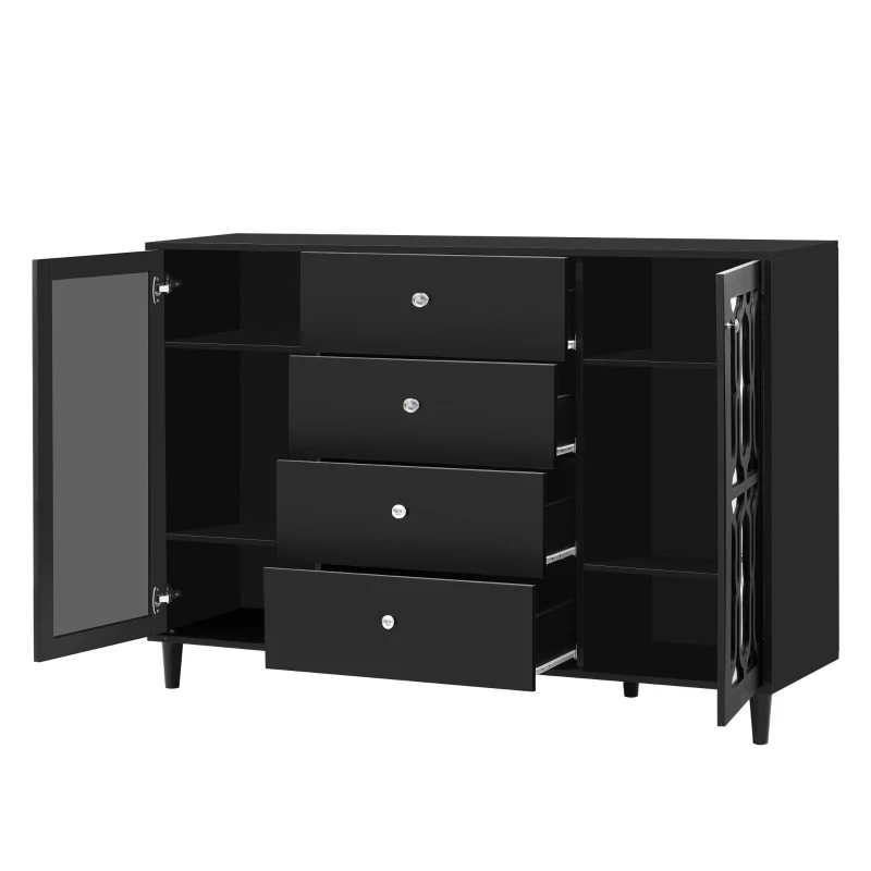 Schwarz Verspiegelte Anrichte mit kühlen Kristallgriffen für Wohn und Esszimmer, 147 x 40 x 102 cm, Schwarz