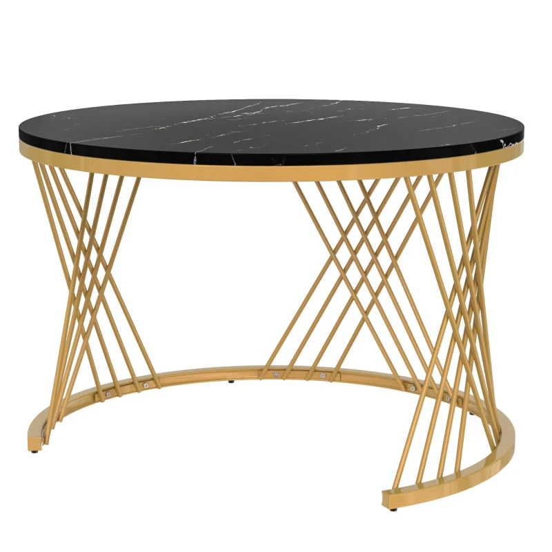 Lot de 2 tables basses gigognes rondes, plateau effet marbre et tiroirs en rotin synthétique, pieds métal, 70x70x45,5 cm + 50x50x38,5 cm, Noir