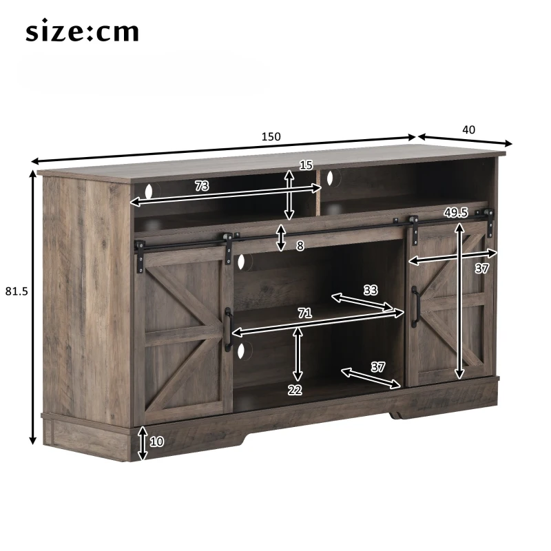 Petit meuble TV de style ferme avec 2 portes coulissantes et étagères réglables, adapté au salon et à la salle à manger, 150x40x81,5 cm, Gris délavé