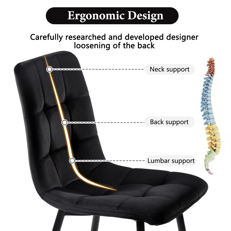 Set of 4 Ergonomic Velvet Dining Chairs with Upholstered Seat and Metal Frame, Black