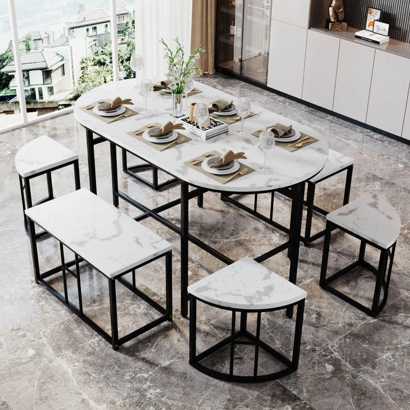 Modern Luxury 6 Seater Dining Table Set with Six Chairs, MDF Seat Cushions and Gold-Plated Iron Frames, Black