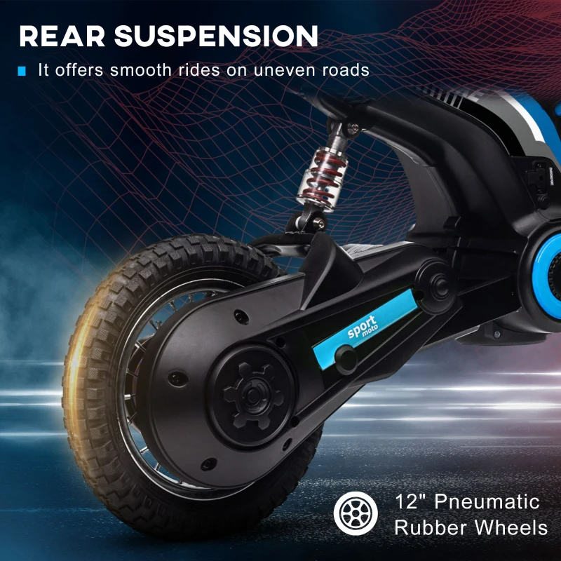 HOMCOM 24V Electric Motorbike with Twist Grip Throttle, Music, Horn, 12" Pneumatic Tyres, 16km/h Max Speed - Blue